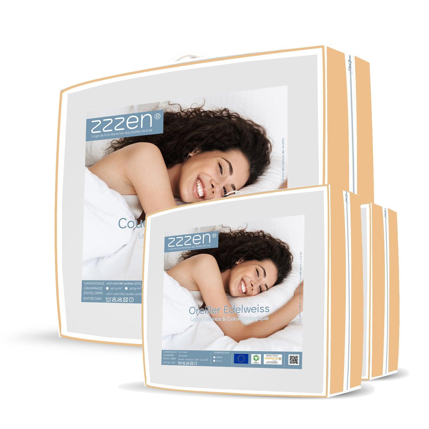 Pack Couette Bi-matière coton et laine bio 4 saisons Edelweiss + oreillers - Label Naturel